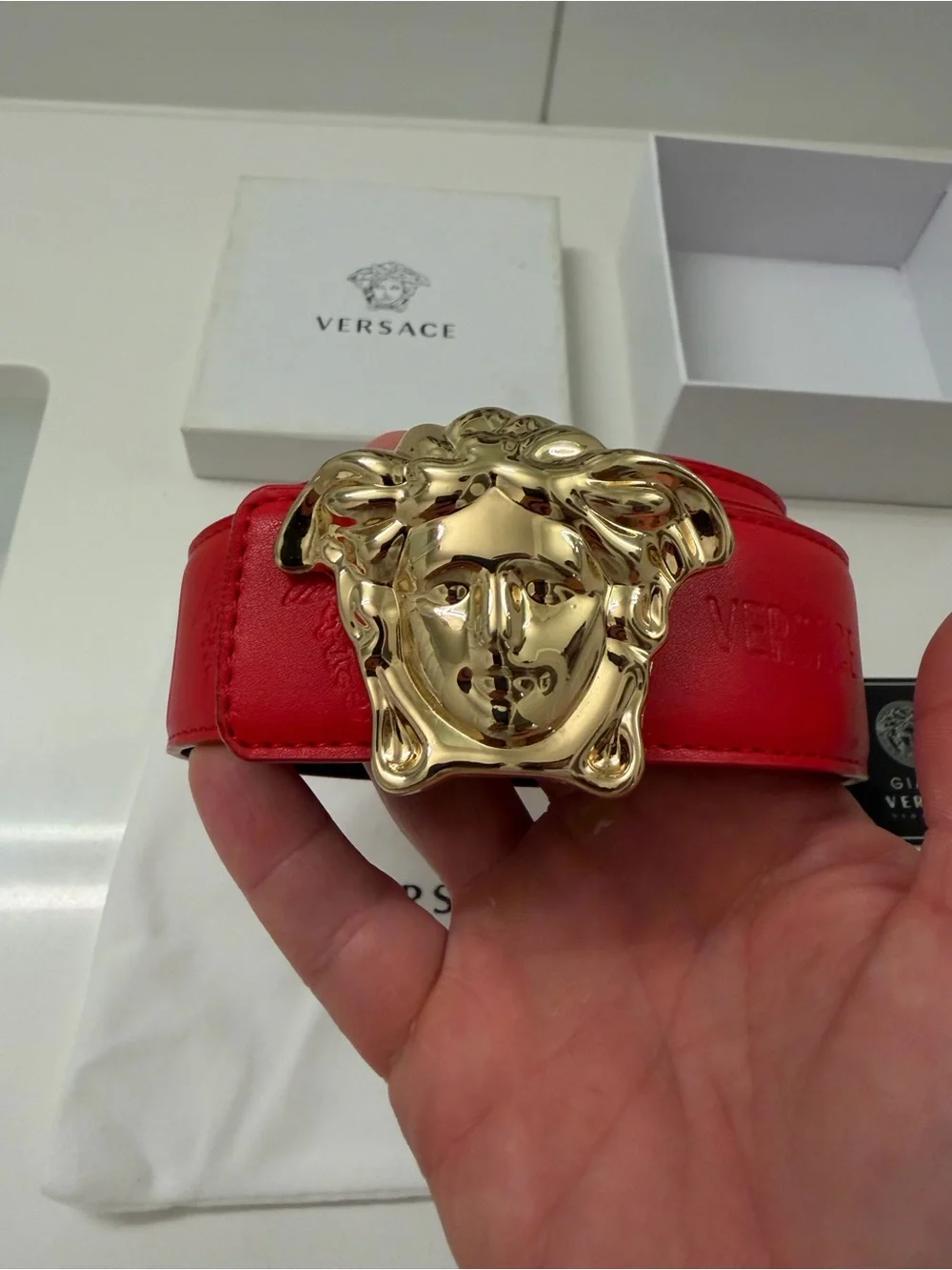 Versace Reversible Medusa Head Belt – Red/Black Leather